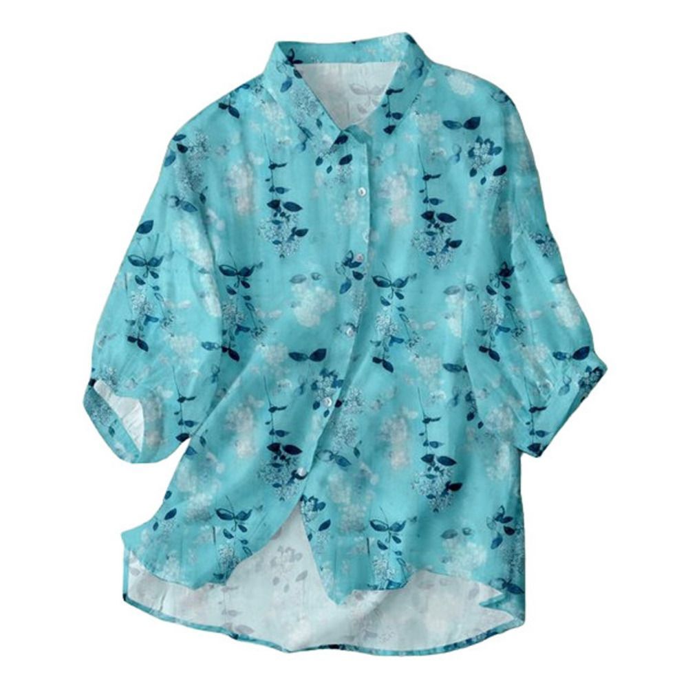 E-RÃ©tro Blue & Navy Floral Half-Sleeve Button-Up Size L